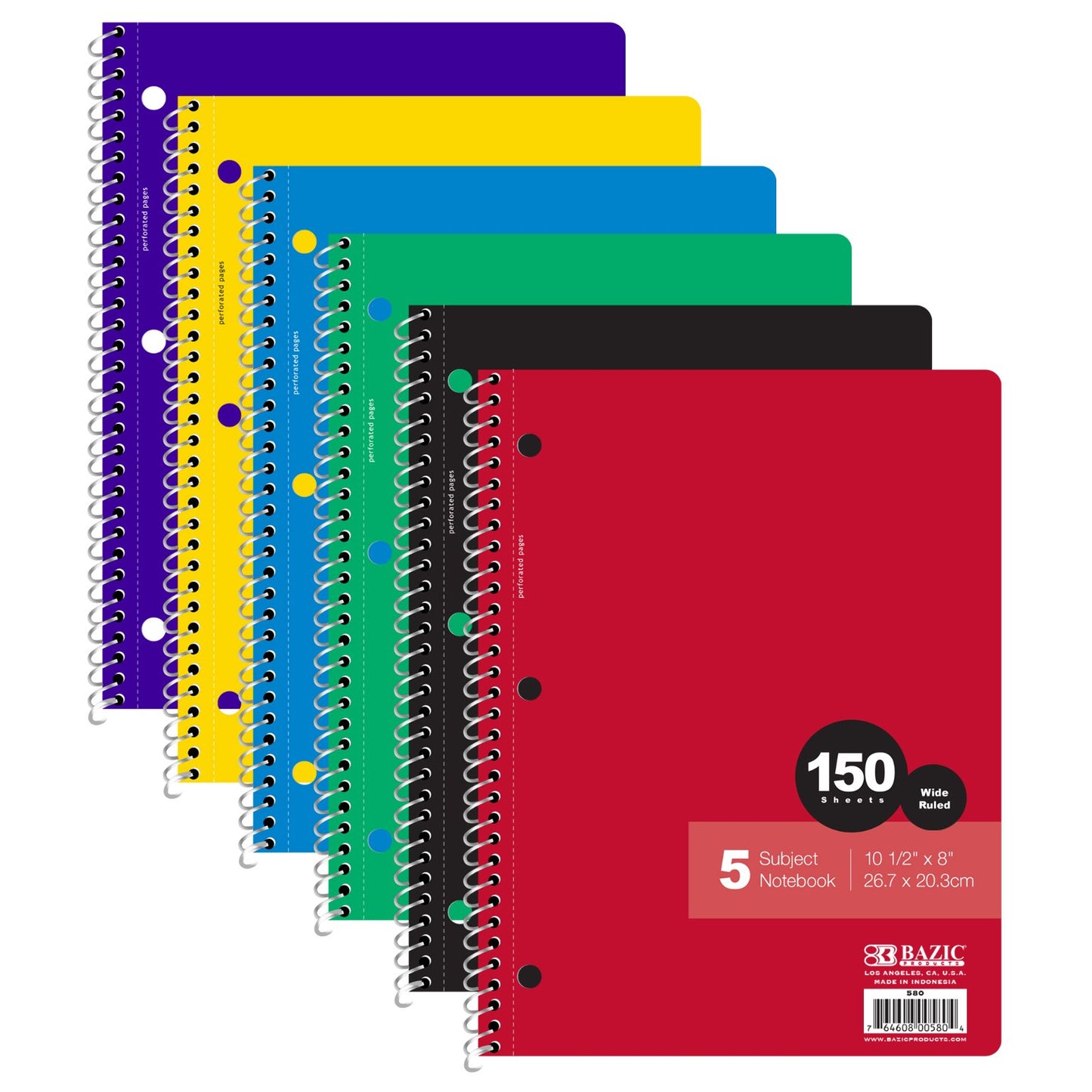 Bazic Wide Ruled 5-subject Spiral Notebook, 150 Sheets (Pack of 24)